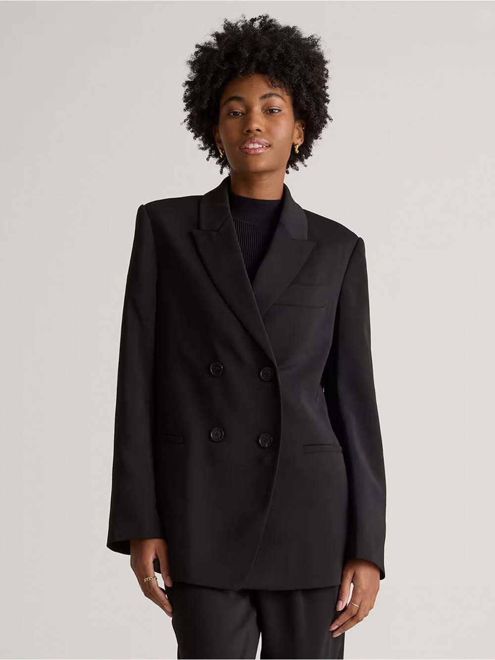 NWT - Quince - Stretch Crepe Relaxed Double-Breasted Blazer - Black